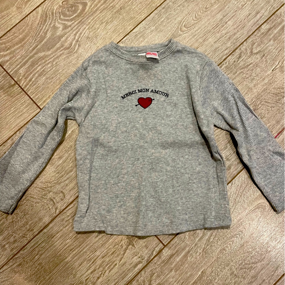 Zara long sleeve ribbed grey shirt with “merci mon amour” saying 18-24 mo